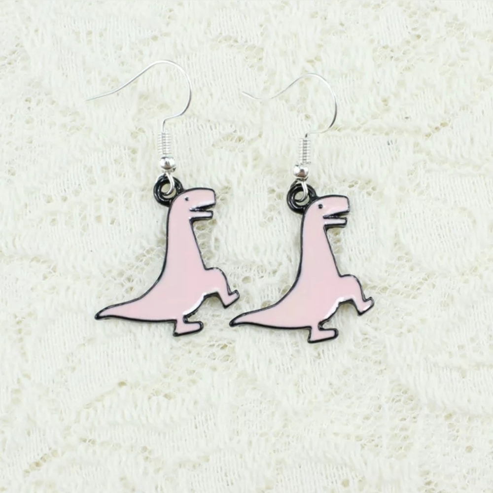 New Pink Dinosaur Silver Hook Enamel Earrings.